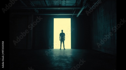 A dark silhouette of a person standing still in a glowing rectangular doorway inside a sharp massive empty concrete hall with textured walls and exposed pipes.