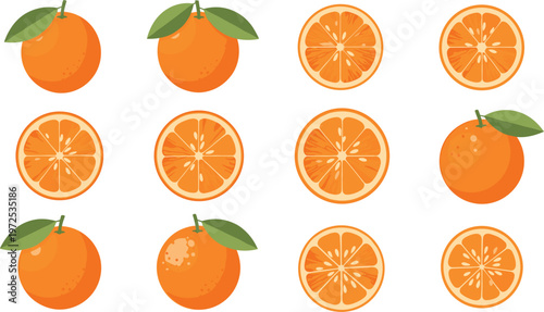 Orange Fruit Vector Set with Whole and Sliced Oranges, Showing Fruit Segments and Leaves for Healthy Eating and Fresh Juice Designs