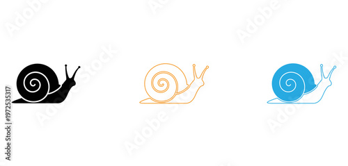 Three stylized snails each with a different shell color and pose isolated on transparent background, Vector