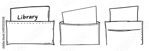 Library card set with black line art design on white background featuring paper pocket, library symbol, card holder with illustration and graphics