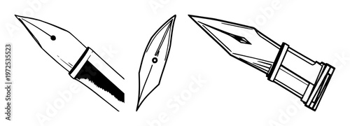 Fountain pen nib set with intricate black line art and metallic textures featuring writing instruments, stationery, calligraphy with elegance and precision