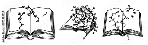 Book set with ivy climbing through open pages and black line art featuring illustration, botanical, ivy with minimalistic style and white background