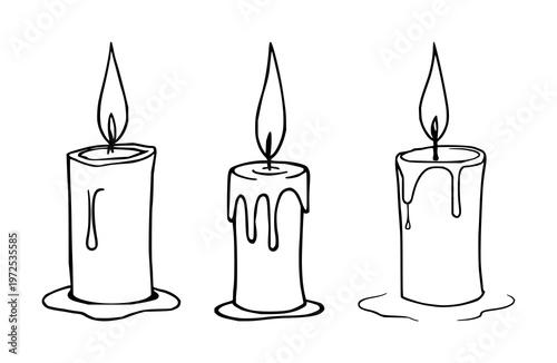 Lit candle set with melting wax highlighting warm glow featuring black line art, flickering flame, and soft light with tranquil mood and peaceful ambiance