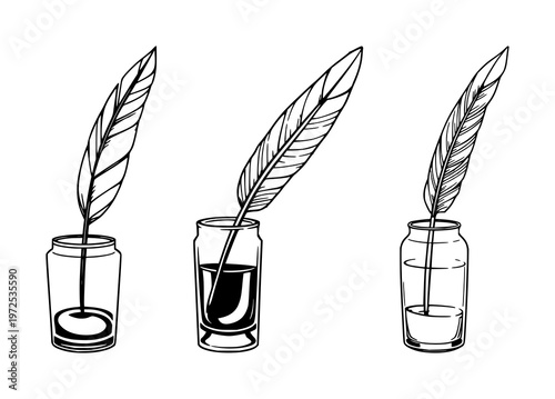Feather quill in glass inkwell set with black line art on white background, simple minimalist illustration featuring writing tool, ink, stationery with elegance and simplicity