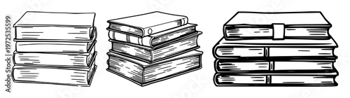 Books set with black line illustration featuring stacked antique literature, old-fashioned volumes, and classic novels with historical texts and vintage publications