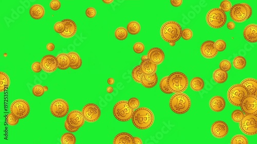Golden bitcoins motion graphics with green screen background