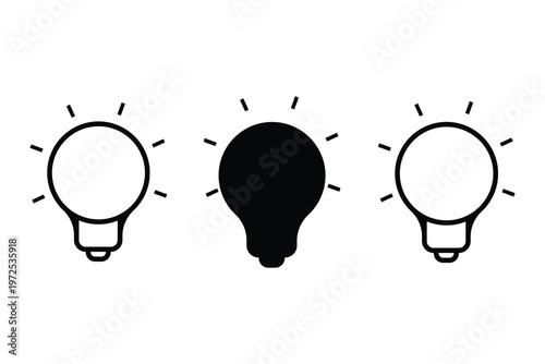 Minimalist light bulb icons set, creative idea and innovation concept vector, glowing electric lamp symbols for business brainstorming