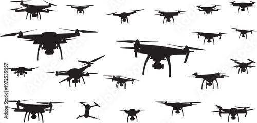 Various Drone Silhouettes in Flight and Resting Modes