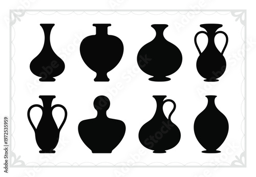 Collection of Black Silhouettes of Various Ancient Pottery Vases and Amphorae