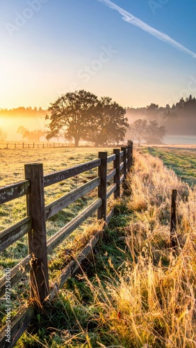 Serene Morning Landscape with Fence and Fog Over Field and Trees