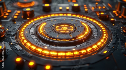 Futuristic interface glowing orange, technological innovation, close-up, abstract background