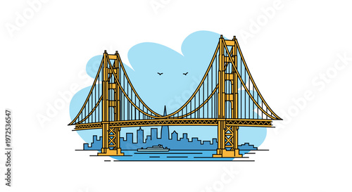 Stylized illustration of the iconic Golden Gate Bridge with a city skyline and water, under a blue sky with birds.