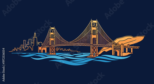 Stylized illustration of the Golden Gate Bridge and San Francisco skyline over blue water at sunset.