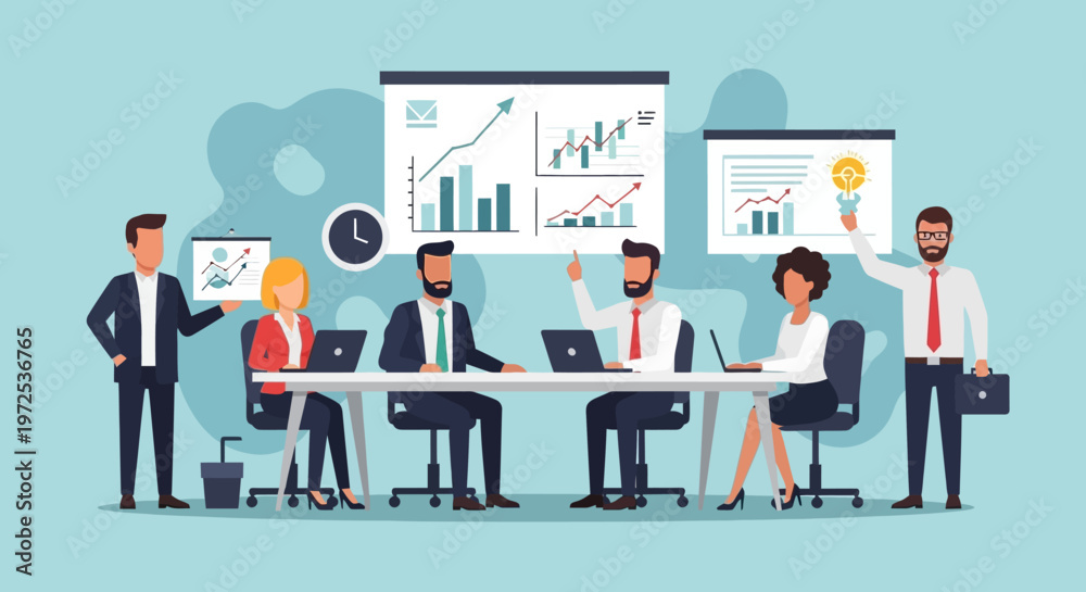 Naklejka premium Business team meeting with graphs and charts on screen