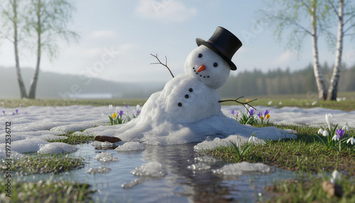 Snowman melting in spring with flowers and greenery around  