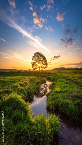 Serene Sunset Over Green Landscape with Tree and Stream