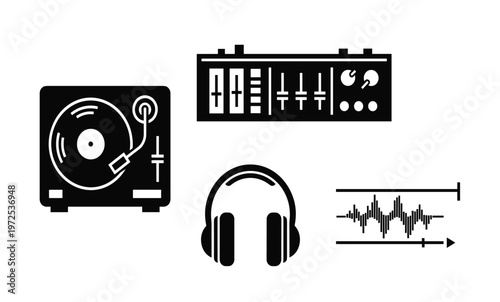 DJ equipment with headphones and sound wave.