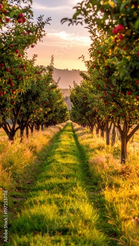 Serene Pathway Through Lush Apple Orchard at Sunset Glow