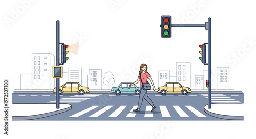 A young woman carrying a stylish blue shoulder bag walks across a white zebra crossing while the red pedestrian signal illuminates a busy city street.
