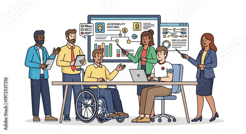 Diverse team discussing accessibility features in office meeting