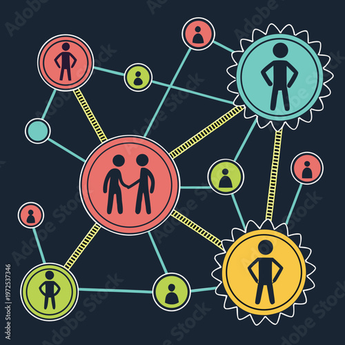 Illustration colorée de réseau social avec connexions humaines sur fond noir.
