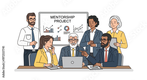 Diverse group of business professionals collaborating on mentorship project
