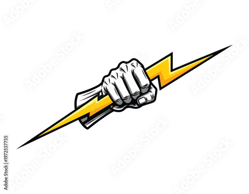 Powerful energy blast a hand clenching a vibrant yellow lightning bolt silhouette illustration
