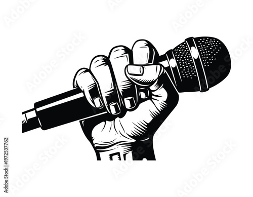 Vintage engraving of a hand gripping a microphone a silhouette of vocal performance and artistic expression