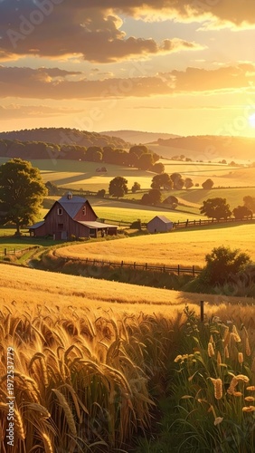 Serene Sunset Over Golden Wheat Field and Rustic Barn Landscape
