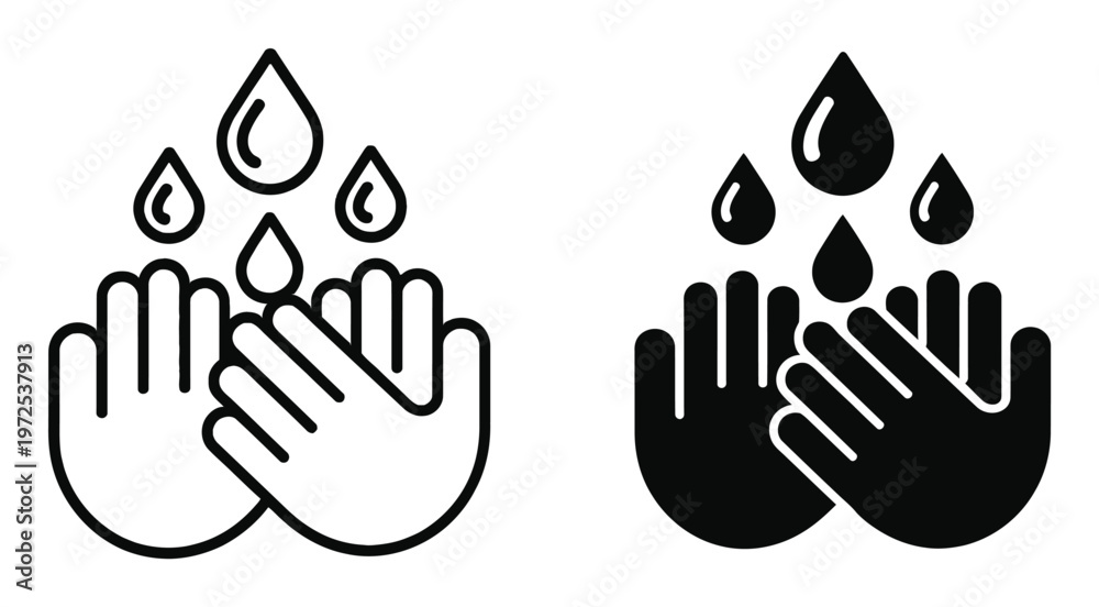 Fototapeta premium Of hands being washed with water drops, in outline and solid fill styles