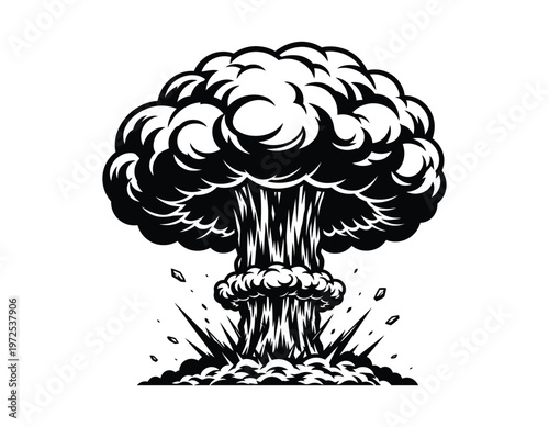 Dramatic nuclear explosion silhouette a vintage style illustration of a mushroom cloud and devastation