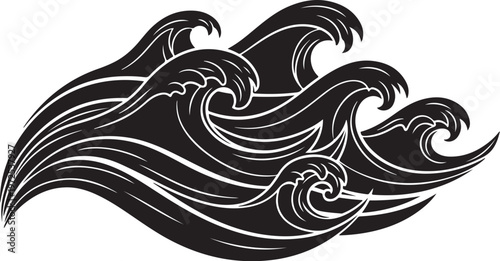 Stylized Black and White Ocean Wave Illustration Art