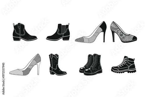Set of Eight Black and White Shoe and Boot SVG Icons Including Ankle Boot, Chelsea Boot, High Heel, Mandala Heel, Cowboy Boot, Combat Boot and Hiking Boot Designs Isolated on White Background