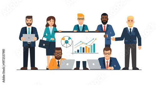 Diverse business team presenting data analysis on graphs and laptops