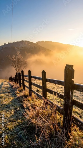 Serene Sunrise Over Misty Hills and Rustic Wooden Fence Landscape
