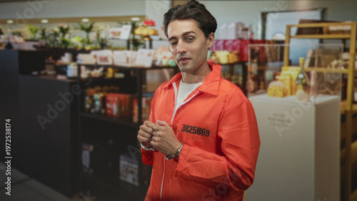 Fényképezés Man young handsome in orange inmate jumpsuit with printed number and metal handcuffs clasping hands in building retail shop display; remorse reflection