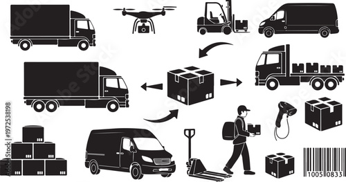 Logistics and transportation icons in black and white