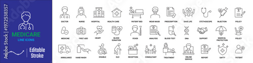 medicare icon collection set. vector line icon for medical need.  vector illustration including doctor, nurse, hospital, health, care, patient, bed,  mask, prescription etc