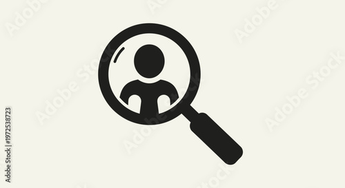 Magnifying glass searching for a person icon, symbolizing recruitment, job search, or talent acquisition, on a light background.