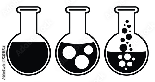 Three Flasks Showing Chemical Reactions: From Calm to Bubbling