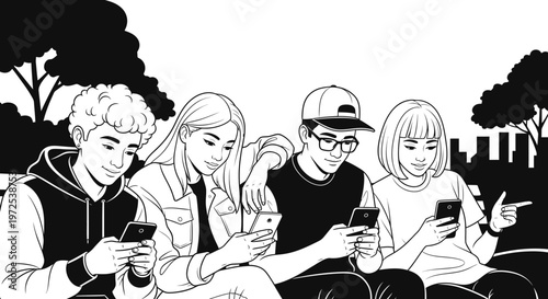 Black and White Illustration of Diverse Young Friends Using Smartphones Outdoors in a Park, Socializing Under Trees.