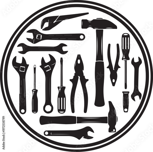 Collection of various black tools in a circular arrangement
