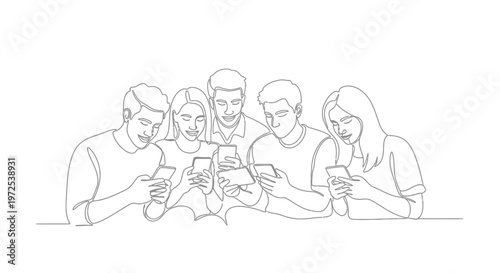 Continuous Line Art of Group of Diverse Young Friends Using Smartphones, Socializing and Connecting Online.