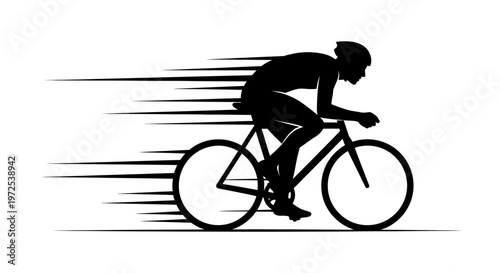 Silhouette of Man Cycling Fast on Racing Bike with Speed Lines on Isolated White Background, Energetic Athlete.