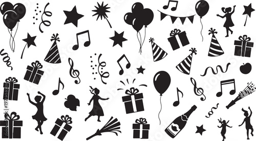 Black and white party celebration icons and symbols set