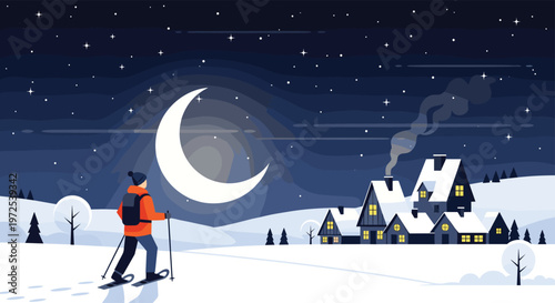 An adventurous hiker wearing a bright orange winter jacket treks through deep white snow toward a cozy illuminated village under a massive glowing crescent moon.