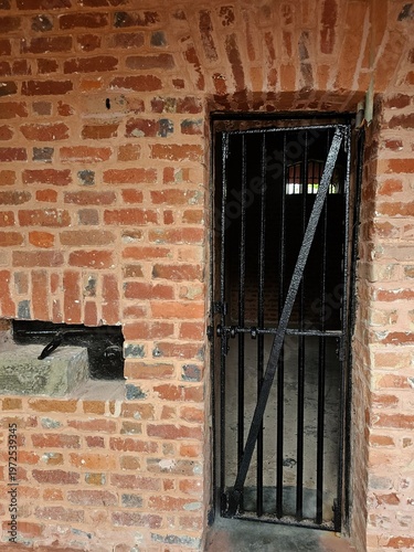 A close-up of a heavy iron-barred door and weathered brickwork of a solitary cell at the historic Cellular Jail in Port Blair.