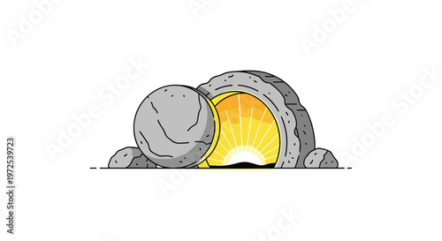 A heavy circular stone remains rolled away from the entrance of a rocky sepulcher while brilliant golden light radiates from the empty interior chamber.