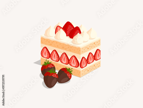 Strawberry shortcake slice with whipped cream and chocolate dipped berries.