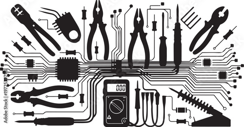 Electronic tools and circuit board illustration in black and white